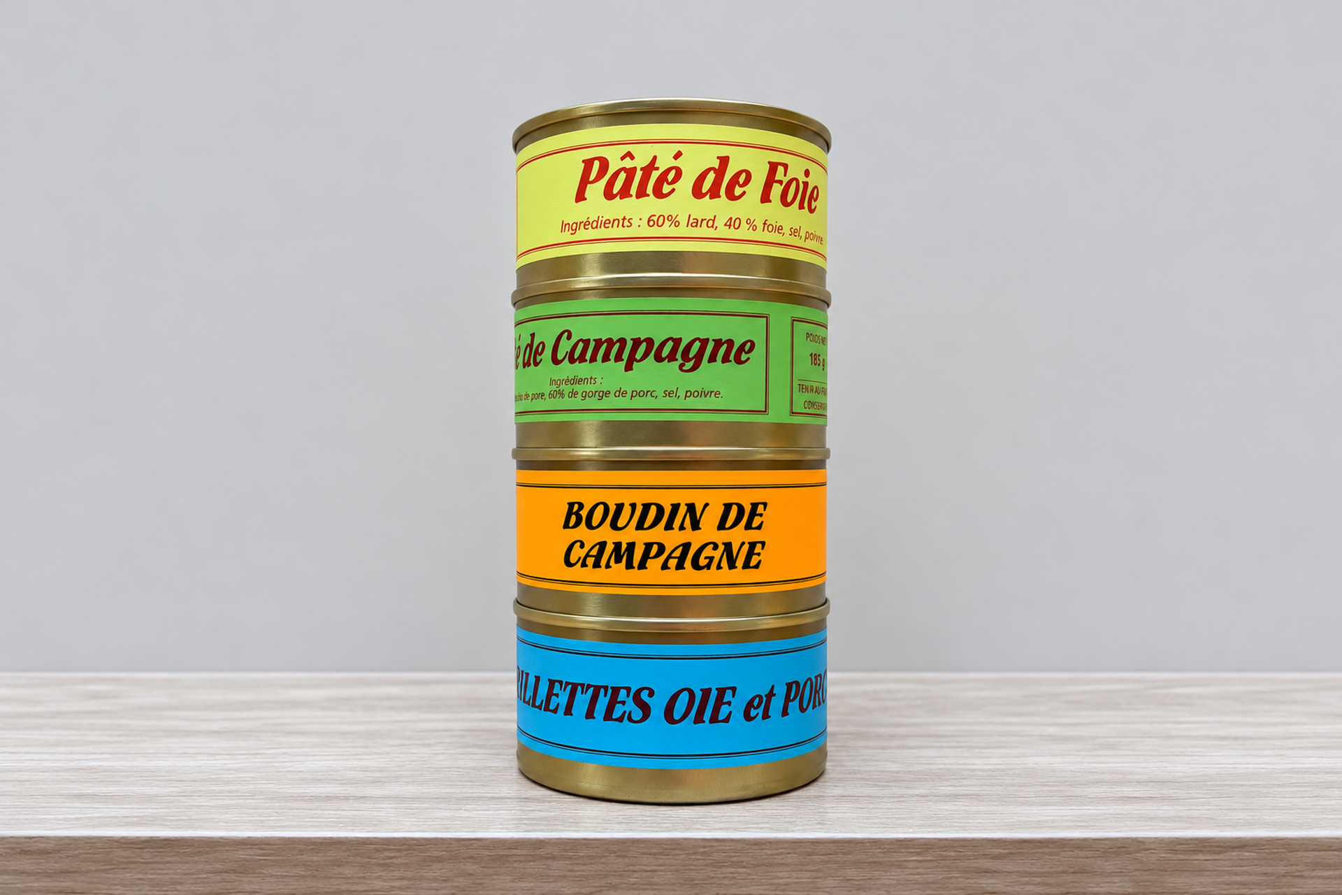 Four pâté tins on pale wood