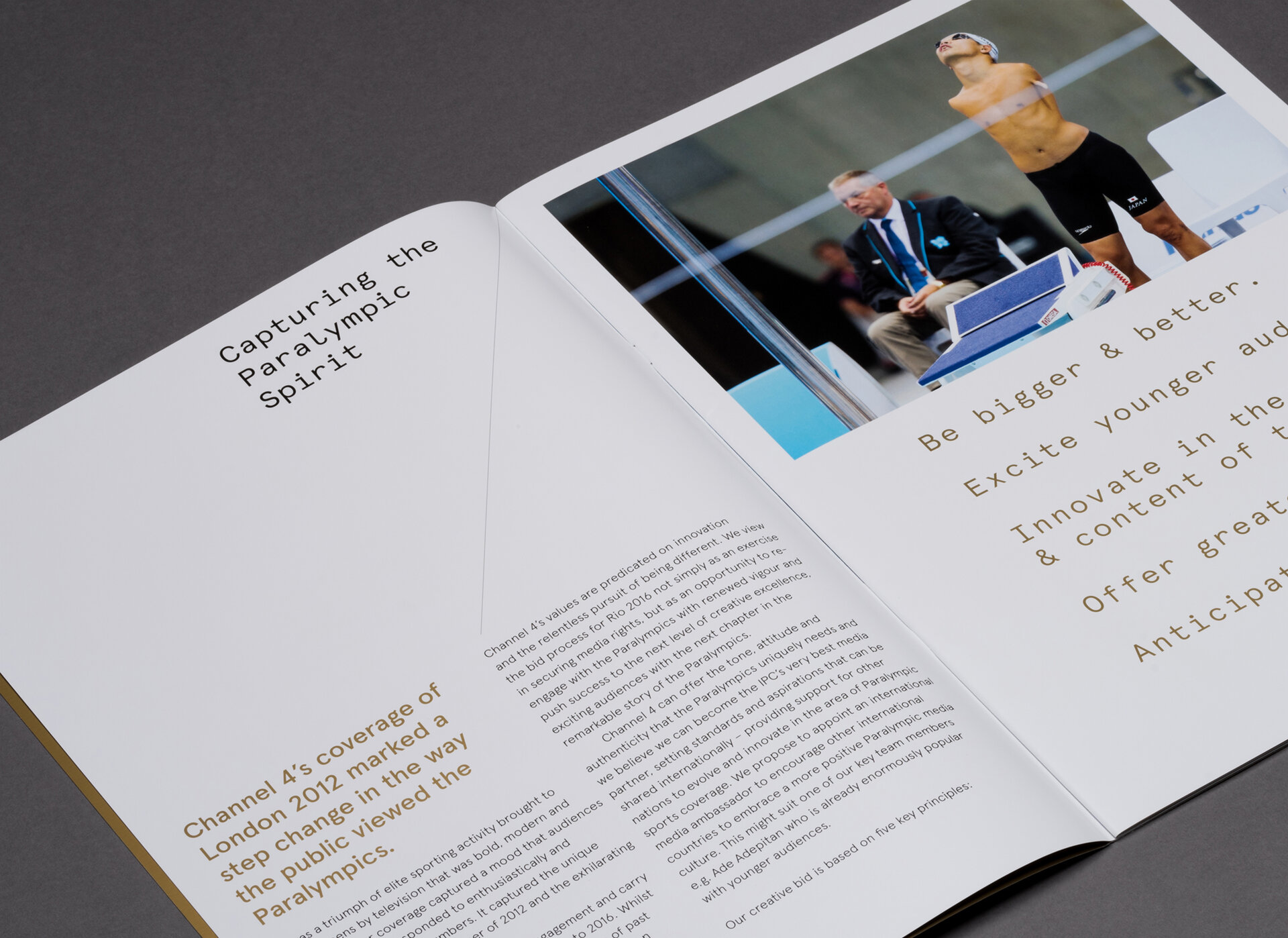 Print. 2016 Paralympics bid document spread.