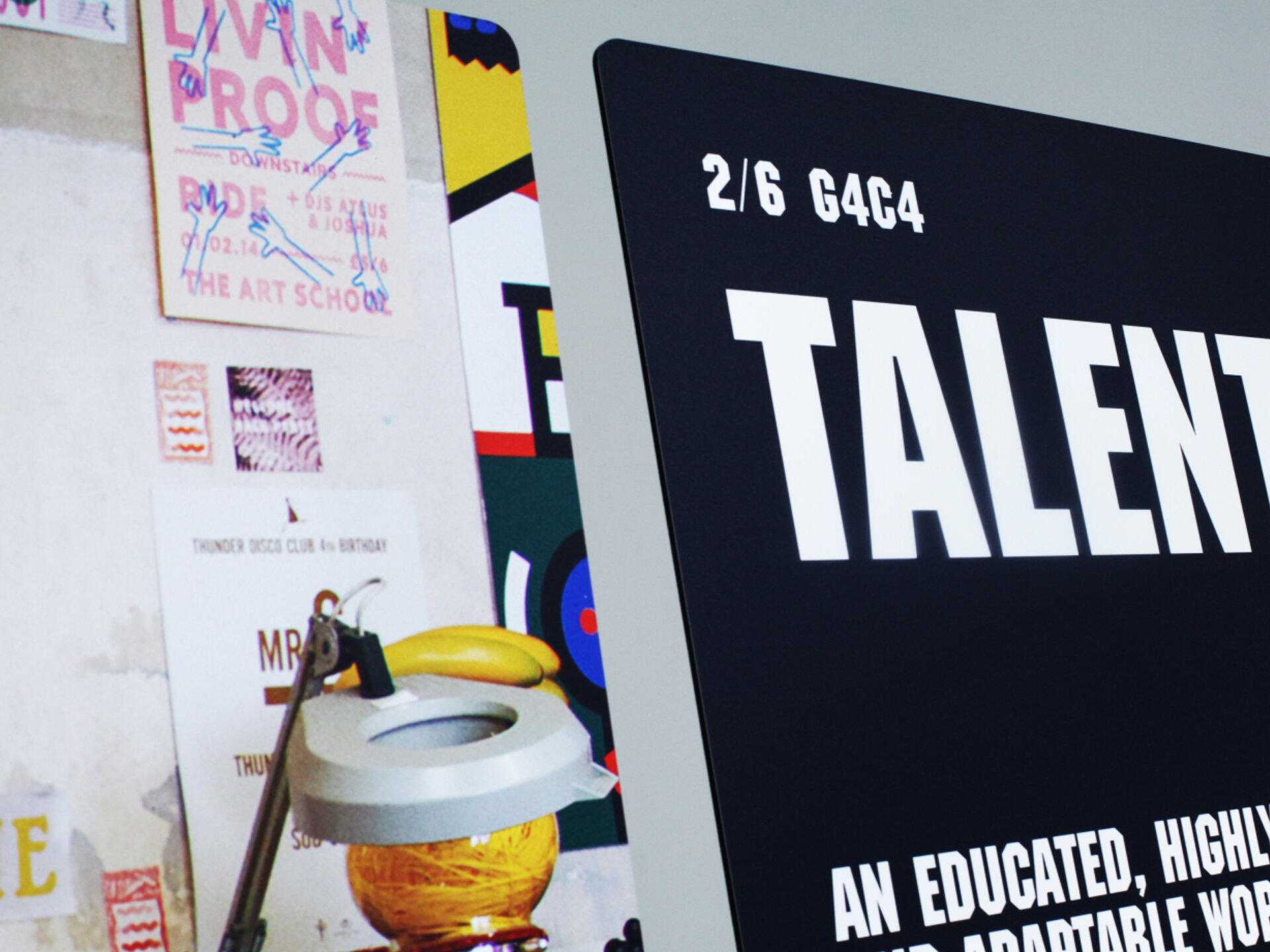 Detail of exhibition boards. There is text that reads "Talent"